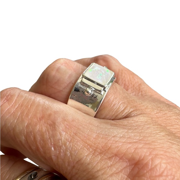Boho Silver Geometric Ring with Moonstone Center - Picture 7 of 8